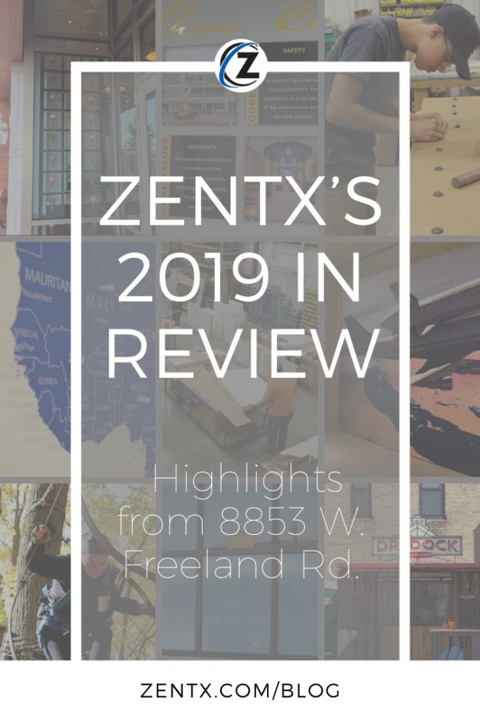 Gray graphic with collage of photos from ZENTX projects and events in 2019. Text reads: "ZENTX's 2019 in review: Highlights from 8853 W. Freeland Rd."