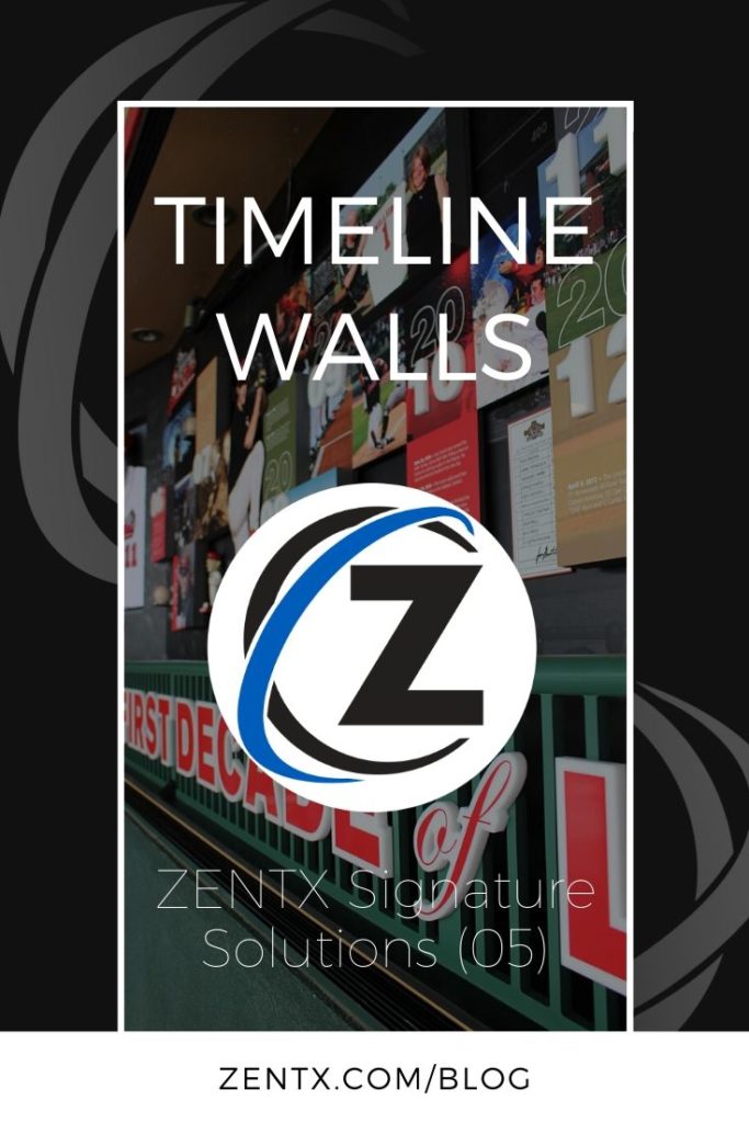 Black graphic; text reads "Timeline walls: a ZENTX signature solution (05)"