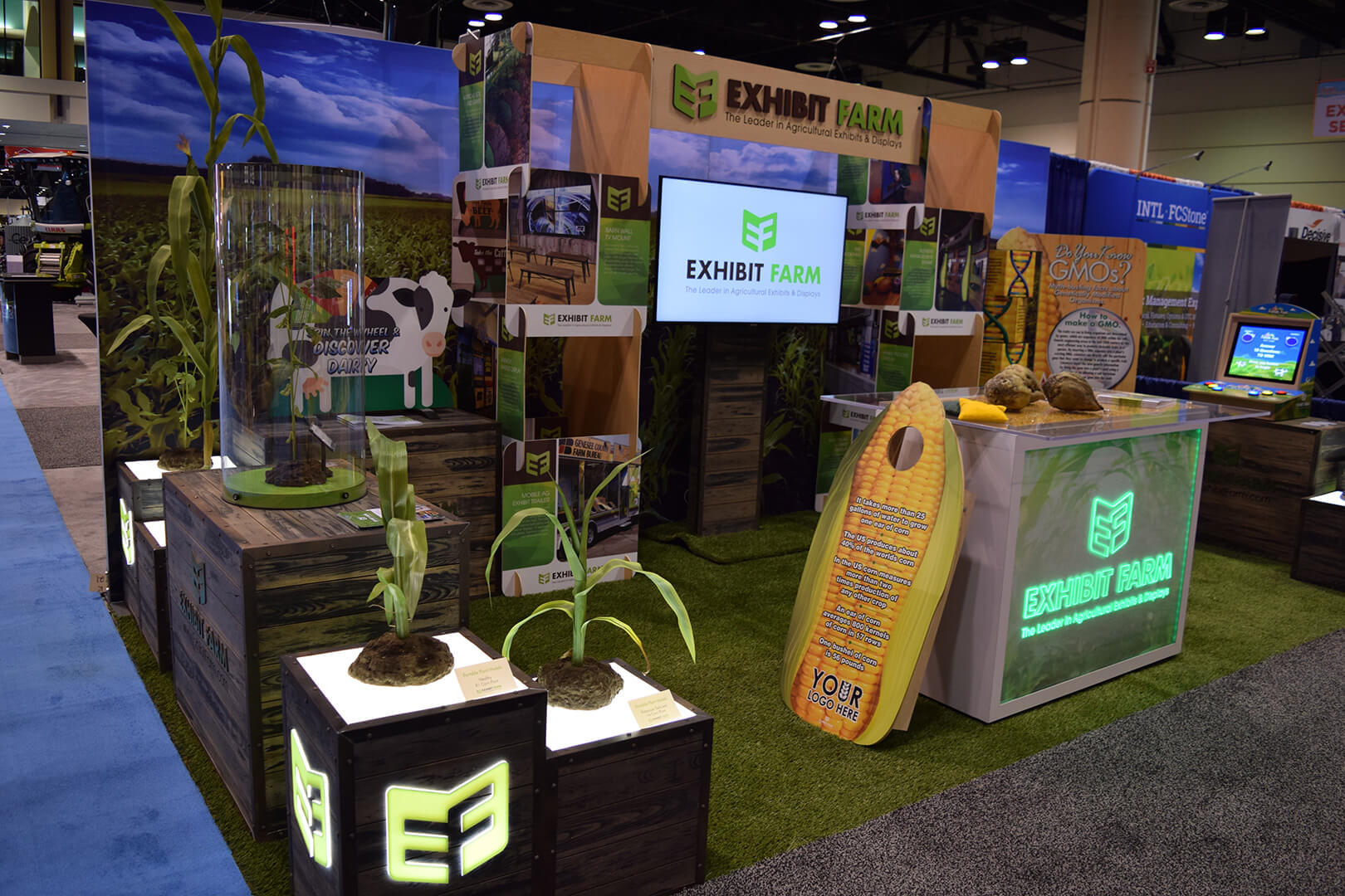 Exhibit Farm's trade show booth, showing many of its products